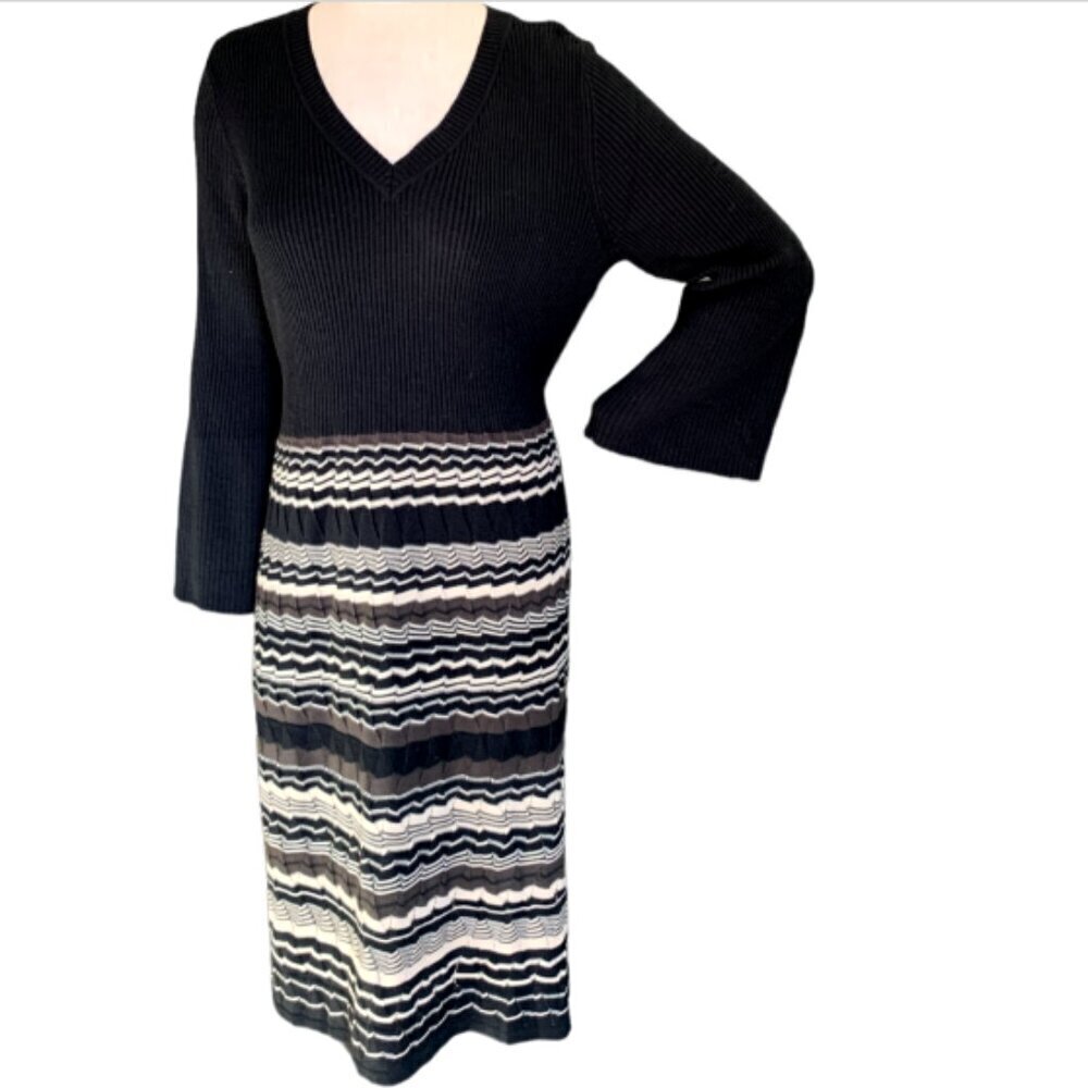 Nine West Black Ribbed Knit Dress Solid Black w/ Zigzag-Stripe L #95G‎